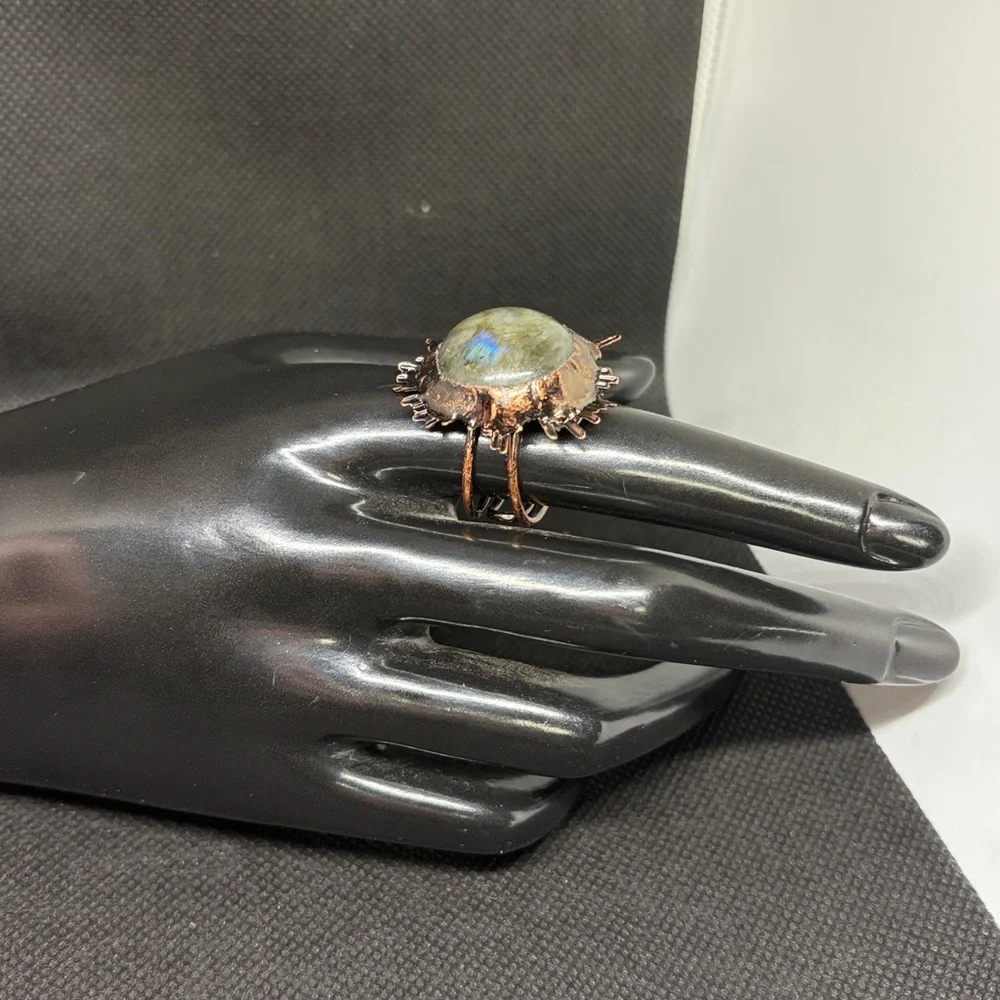 Large Genuine Labradite Sunburst Ring in Antique Brass Adjustable Band - Picture 8 of 10